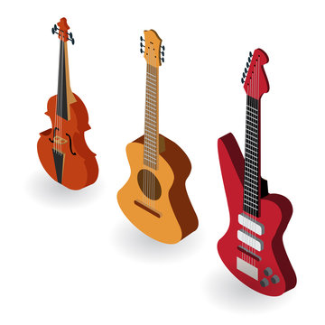 Stringed Musical Instruments. Isometric. Vector illustration.