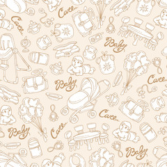 Vector seamless pattern with hand drawn goods, accessories for little baby on beige color. Pattern on the theme of newborn baby
