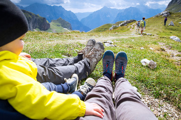 Travel trekking leisure holiday concept. Mangart, Julian Alps, National Park, Slovenia, Europe.