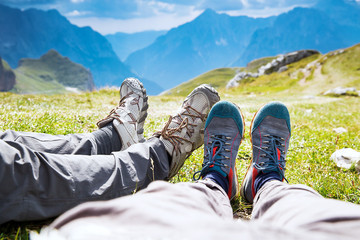 Travel trekking leisure holiday concept. Mangart, Julian Alps, National Park, Slovenia, Europe.