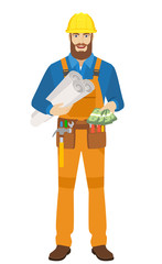 Worker holding the project plans and showing cash money