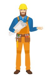 Worker holding the project plans and gesturing