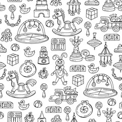 Vector seamless pattern with hand drawn isolated toys for boys, girls on white color. Pattern on the theme of games for children