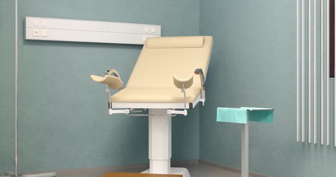 Gynecological chair on blue wall background