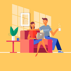 Young couple relaxing on the couch with laptop in their living room at home.Vector illustration