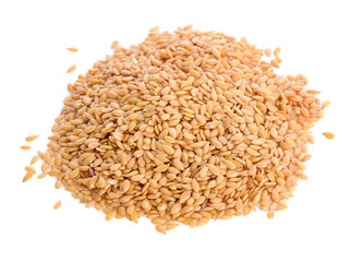 Golden flax seeds  close up isolated on a white background
