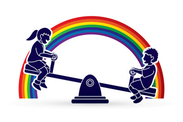 Happy Children, Little boy and girl are playing seesaw together designed on line rainbows background graphic vector