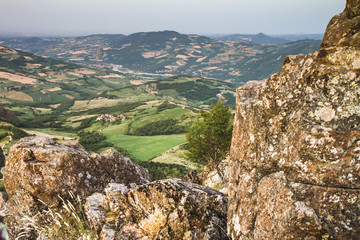 Fototapeta na wymiar Hills of Piacenza, panorama . Scenic view from Pietra Parcellara, Val Trebbia, Piacenza, Italy