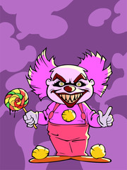 Cartoon halloween illustration of an evil clown holding a lollypop