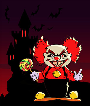 Cartoon halloween illustration of an evil clown holding a lollypop