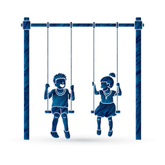 Happy Children, Little boy and girl are playing swing together designed using blue grunge brush graphic vector