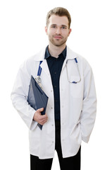 Handsome young doctor on a white background