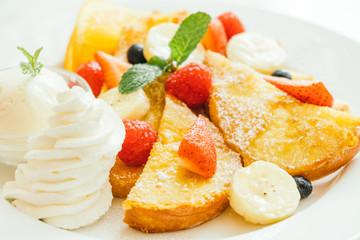 Pancake and Bread toast with mixed fruit