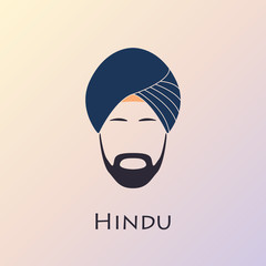 Blue turban headdress and mustache. Indian man icon.  - obrazy, fototapety, plakaty