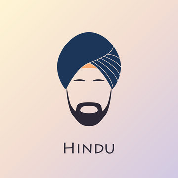 Blue turban headdress and mustache. Indian man icon. 