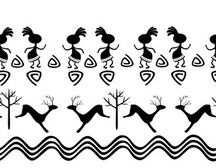 Seamless pattern in the ethnic style of ancient American Indians with scenes of ritual dances of ancient shamans and animals. EPS10 vector illustration