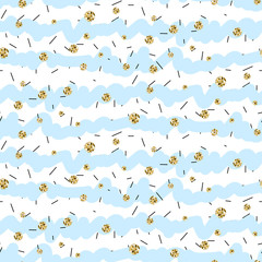 Blue and white ruffle stripe seamless pattern with golden shimmer polka dots.