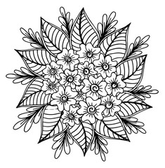Doodle floral pattern in black and white. Page for coloring book: very interesting and relaxing job for children and adults. Zentangle drawing. Flower carpet in magic garden