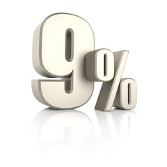 9 Percent isolated on White Background. 3d Render