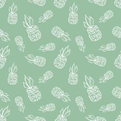 Seamless vector pattern. Hand drawn fruits illustration of pineapple on the Line drawing. Print for wallpaper, background, surface, fabric, decor - 154236980