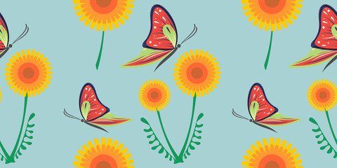 Seamless vector pattern with dandelions, butterflies. Graphic drawn illustration. Floral decorative Background with cute insect. Template for wrapping, web, fabric, decor, surface