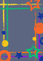 Vector drawn geometric background with geometrical figures, frame, border Grunge template with stars, circles, dots Old style vintage design. Graphic illustration with cracks, attrition a4 size format