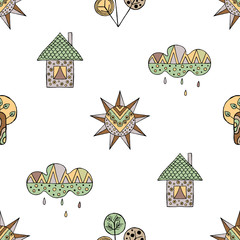 Naklejka premium Vector hand drawn seamless pattern, decorative stylized childish house, tree, sun, cloud, rain Doodle style, graphic illustration Childlike cute cartoon, hand drawing in vintage brown colors.