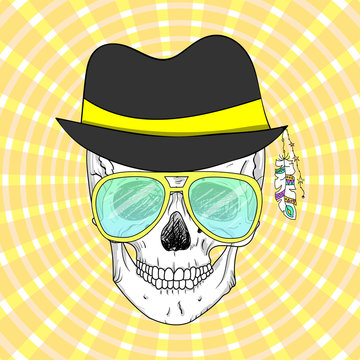 hand drawn hipster skull in hat and glasses, t-shirt design.
