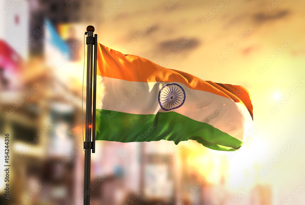 Wall mural india flag against city blurred background at sunrise backlight - Wall murals