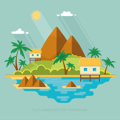 Fototapeta na wymiar Summer paradise ocean landscape. A beautiful island with huts in the sea. Vacation with a holiday in the tropics. Flat vector illustration