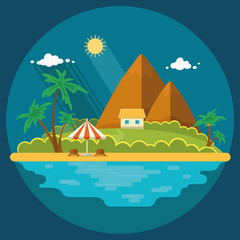Fototapeta na wymiar Summer paradise ocean landscape. A beautiful island with huts in the sea. House on the beach. Vacation with a holiday in the tropics. Flat icons vector illustration
