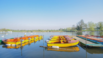 boat park on beautiful lake river in park nice weather nature and blue sky / boat at lake