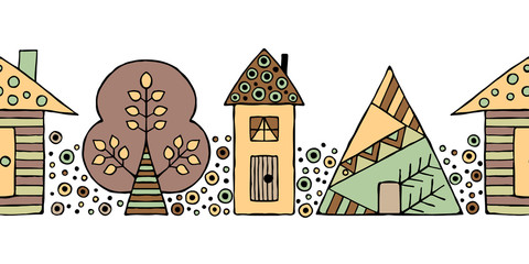 Vector hand drawn seamless pattern, border. Decorative stylized childish trees, house. Doodle style, tribal graphic illustration Ornamental cute hand drawing Series of doodle seamless patterns