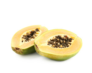 Papaya fruit cut in two halves isolated