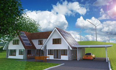 Solar an Wind Power House 3d concept, Solar Panels With Lens Flare, Renewable Energy House, Solar Thermal Energy System, House With Alternative Energy Sourses, Solar Panels On a Roof - 3D Rendering
