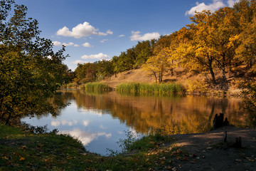 Fototapeta na wymiar Lake of the woods and autumn landscape