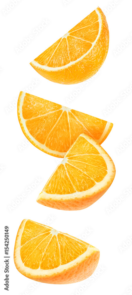 Wall mural isolated floating orange wedges. four falling pieces of orange fruit isolated on white background wi