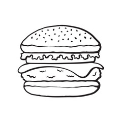 Vector illustration. Hand drawn doodle of hamburger with cheese, tomato and salad. Unhealthy food. Cartoon sketch. Decoration for menus, signboards, showcases, greeting cards, posters, wallpapers