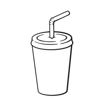 Vector illustration. Hand drawn doodle of disposable glass of paper with soda and straw. Unhealthy food. Cartoon sketch. Decoration for menus, signboards, showcases, posters, wallpapers