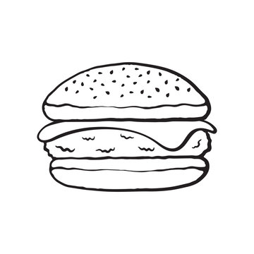 Vector illustration. Hand drawn doodle of cheeseburger. Cartoon sketch. Unhealthy food. Decoration for menus, signboards, showcases, greeting cards, posters, wallpapers