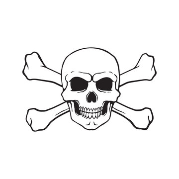 Vector illustration. Hand drawn doodle of skull Jolly Roger with crossbones behind. Danger warning sign. Cartoon sketch. Decoration for greeting cards, posters, emblems, wallpapers