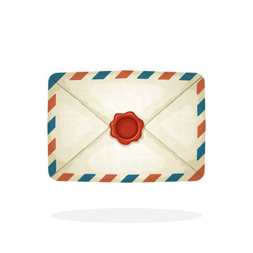 Vector illustration in cartoon style. Closed vintage mail envelope from old paper with red wax seal. Not read incoming message. Decoration for greeting cards, prints for clothes, posters