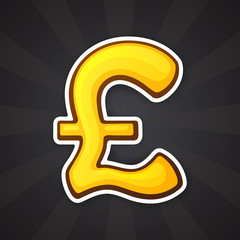 Vector illustration. Golden pound sign. The symbol of world currencies. Sticker in cartoon style with contour. Decoration for patches, prints for clothes, badges, posters, emblems