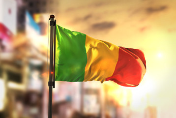 Mali Flag Against City Blurred Background At Sunrise Backlight - obrazy, fototapety, plakaty