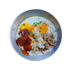 top view delicious egg frying pan isolated with clipping path