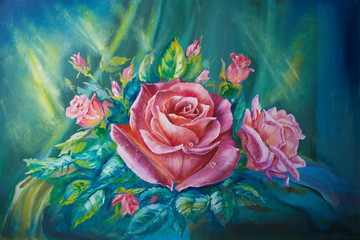 Vintage fabric bouquet of pink roses for greeting card, background, floral illustration oil painting - 154255136