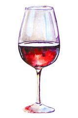 Glass of red wine isolated on white background. Picturesque drawing