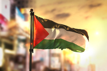 Palestine Flag Against City Blurred Background At Sunrise Backlight - 154255951