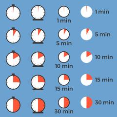 set of simple timer in various design for use in sports or label on packaging for cooking, flat design vector