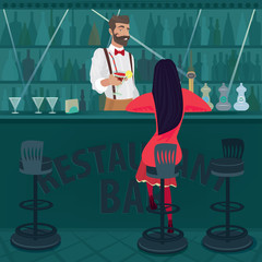 Young and lonely girl in red with her hair loose sits in an empty bar. Fashionable and beautiful bartender offers cocktail. Parting or rupture of relations concept